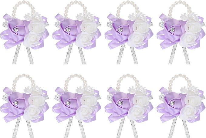 MECCANIXITY 8Pcs Wrist Corsage Artificial Flower Bracelets Rose Wrist Bride Groom Decorative for Wedding Ceremony Prom Party Anniversary Light Purple