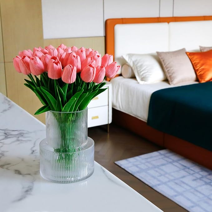 36 PCS Tulips Artificial Flowers 13" PU Fake Flowers for Wedding Home Decor(Coral Pink)
