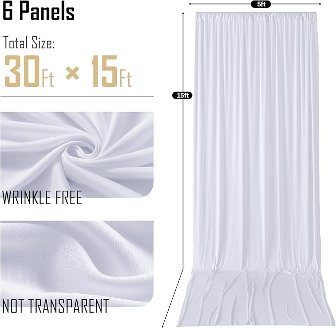 gogoparti 30x15 ft White Backdrop Curtain for Weddings & Parties - 6-Panel Wrinkle-Free Polyester Drape, 15 FT Long for Birthday, Baby Shower, Halloween Photography Background