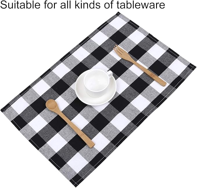 Aneco 6 Pack Buffalo Plaid Placemats Place Mats PVC Plastic Check Black and White Placemat Table Mats 12 x 18 Inches Decorative Kitchen Table Placemats, Black and White
