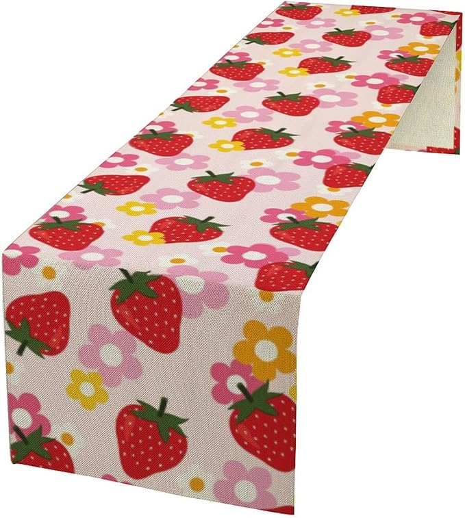 Strawberry Table Runner, Spring Summer Fruit Birthday Party Decoration Dining Room Home Kitchen Table Decor 13 x 90Inches