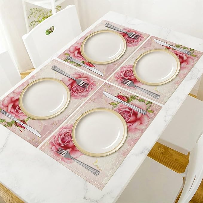 Pink Flower Placemats Set of 4, 17x12 Inch Romantic Watercolor Floral Rose Print Table Mats for Home Party Kitchen Dining Decor