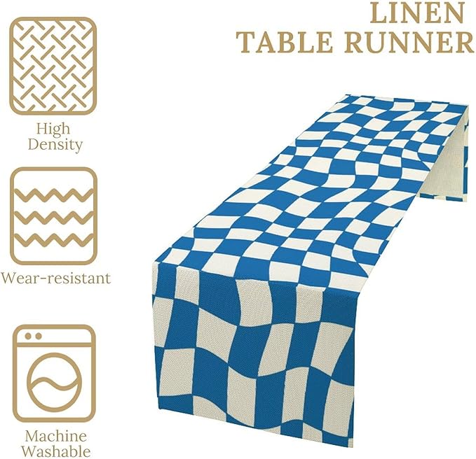Table Flag Retro Plaid 60s70s Blue Plaid Table Flag Kitchen Restaurant Decoration Suitable for Indoor and Outdoor Festival Home Wedding Party Table Flag 13x70