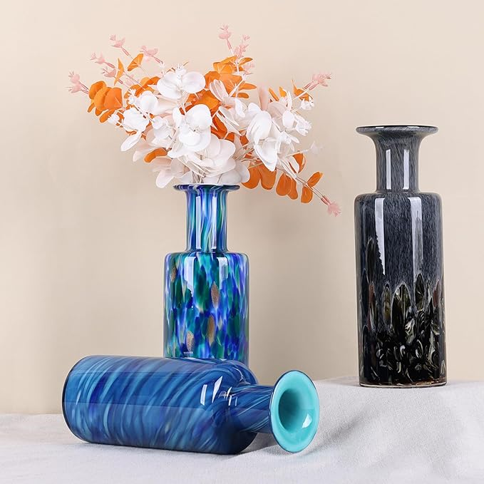 13" H Hand-Blown Glass Vase, Modern Art Glass Cylinder Vase, Green Glass Decorative Vase for Living Room Dining Table centerpieces, TV Console, Office, and Console Decor.