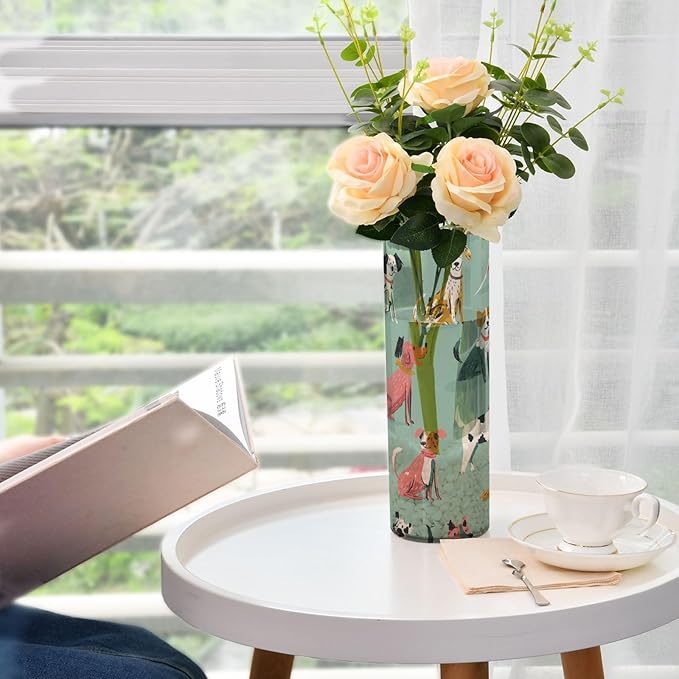 Flower Vase Clear Plastic Cylinder Vases Decor for Centerpieces Home Storage Office Weddings Mint Green Cute Dogs 11.8 x 3.9 in