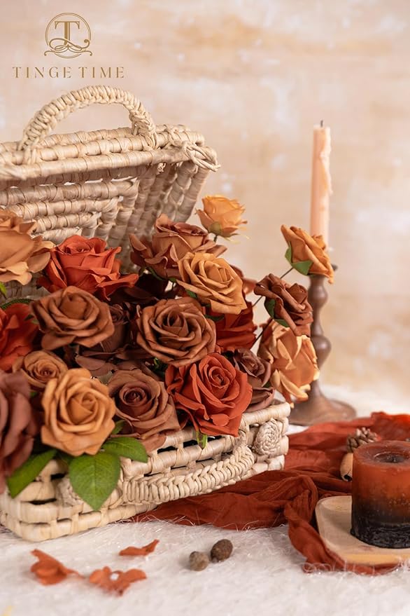 TINGE TIME Artificial Flowers Combo Box Set 16pcs Fake Rose Silk Flower with Stem for DIY Wedding Bouquets Centerpieces Baby Shower Party Home Fall Decoration (Gradient Terracotta)