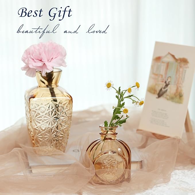 Amber Glass Bud Vases Set of 40, Mini Flower Vase for Centerpieces, Small Gold Bud Vases in Bulk for Wedding Decorations,Vintage Vase for Table, Home Décor,Party Decor, Anniversary