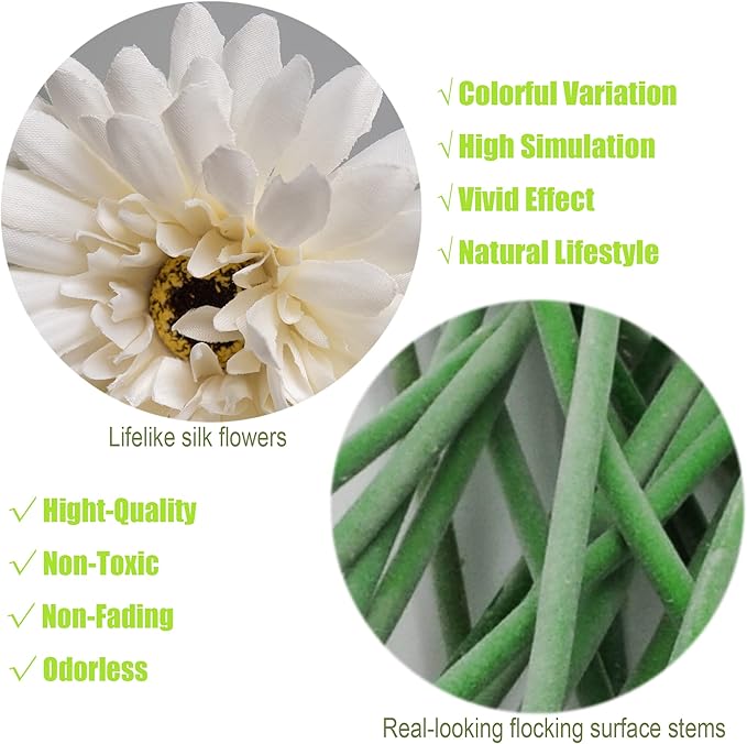 12pcs Artificial Gerbera Daisies,22 Inch Long Stem Silk Daisy Flowers,Realistic Artificial Flower Mums for Home Décor Centerpiece Wreath Supplies Wedding Bouquet,Snow White