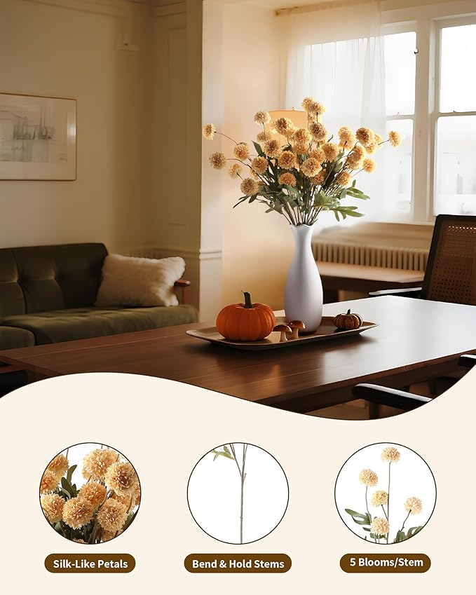 JAKY-Global 10 Stems Fall Artificial Chrysanthemum Flowers,21in Realistic Silk Pompon Fake Mums for Boho Home Decor, Halloween Centerpieces, Autumn Wedding Arrangements