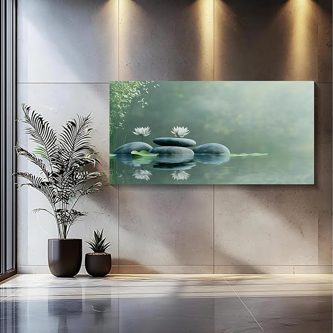 Iallbin Zen Stone Wall Art & Zen Wall Decor, Tranquil misty pond two white lotus flowers -for Yoga Meditation Room, Spa & Bathroom, Green Serenity Art Deco Style, Ready to Hang, 58x29 Inches