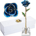 AliveRose 24k Gold Rose in Dipped,24k Gold Real Rose Gift for her, Long Stem Rose Made from Real Gold Rose for Anniversary Valentines Mothers Day Birthday (Deep Blue with Crystal Vase)