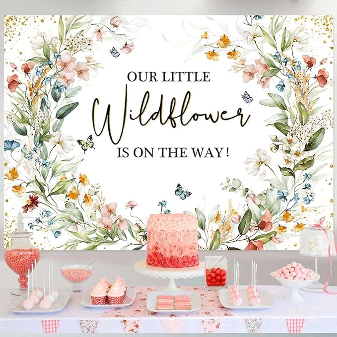 Sensfun Wildflower Baby Shower Backdrop Our Little Wildflower is On The Way Baby Shower Decorations Floral She is a Wildflower Girls' Baby Shower Party Banner Photography Background Photo Booth 8x6ft