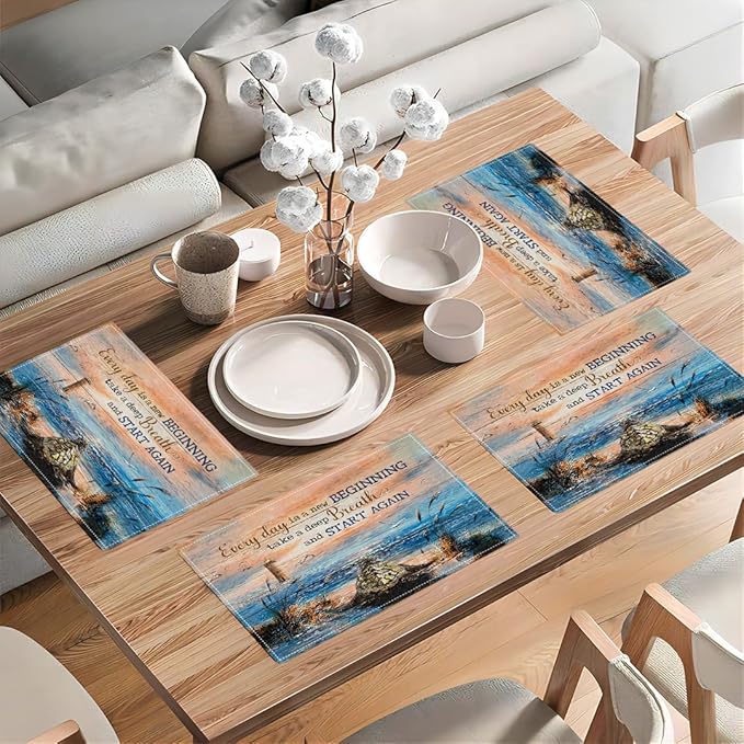 Sea Turtle Beach Summer Placemats Set of 4 Coastal Lighthouse Nautical Inspirational Quotes Double-Sided Table Mats for Dining Room Home Party Indoor 4 PCS 12x18 Inch