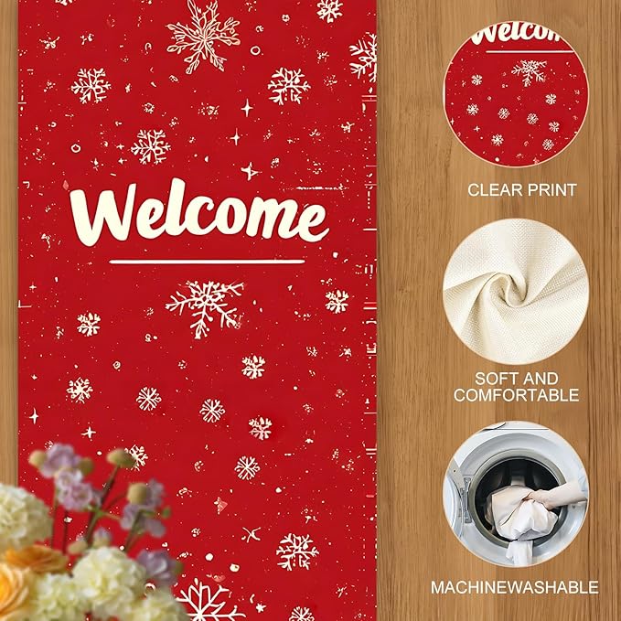 Christmas Table Runner – Red Holiday Table Decoration with Cute Santa Claus & Gifts Design, Festive Dining Table Decor for Christmas Party, Family Dinner, Kitchen & Living Room