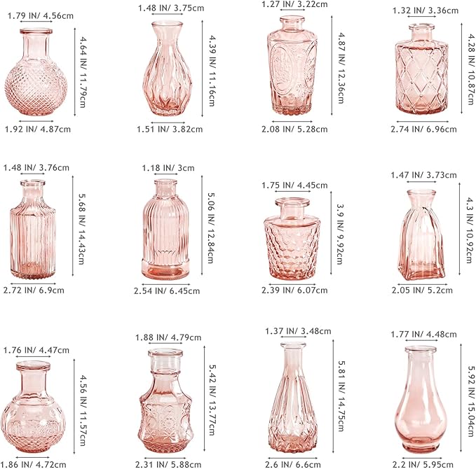 Pink Bud Vases in Bulk 12, Vintage Small Vases for Flowers, Clear Mini Glass Vase for Centerpieces, Decorative Embossed Flower Vase for Wedding Table Decoration, Baby Shower, Birthday Party