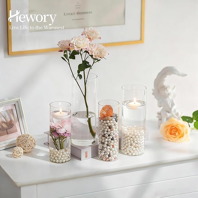Hewory Glass Cylinder Vases for Centerpieces: Set of 12 Clear Skinny Hurricane Vases for Wedding Baby Shower Table Birthday Party Decorations - Tall Candle Holders for Floating Candle Flower Bouquet