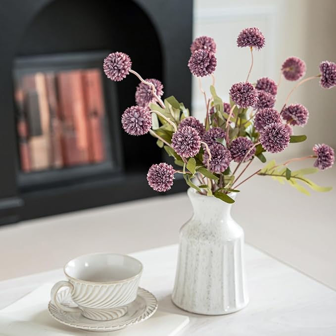 Artificial Kiku Flower - 5 Pcs Fake Pompon Mums Silk Small Chrysanthemum Faux Ball Fall Flower Stem Decor for Autumn Wedding Filler DIY Bouquet Centerpieces Arrangements Shower (Grey Purple)