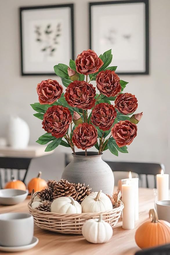 Briful 3 Pack Artificial Peony Flower 27.5" Tall Brick Red Silk Peonies Floral Stems Real Touch Faux Peony Flower for Wedding Bouquets Home Floral Arrangements Table Centerpieces DIY Décor