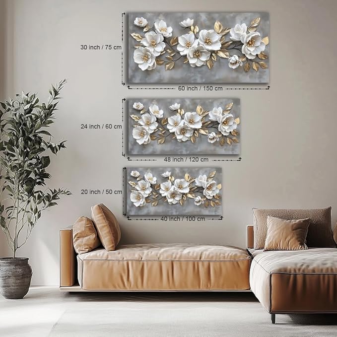 LAVIKARS Modern Gray Flowers Wall Art for Living Room Office White and Golden Floral Landscape Canvas Painting Prints Large Delicate Petals Artwork Kitchen Home Bedroom Decor (16x30 Inches)
