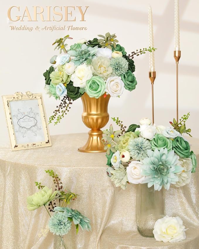 Artificial Flowers Combo, Mix Silk Flowers Roses, Peonies, Dahlias with Stems for DIY Wedding Bridal Bouquet, Baby Shower, Table Centerpieces, Home Decor, Fake Floral Arrangements-Forest Green