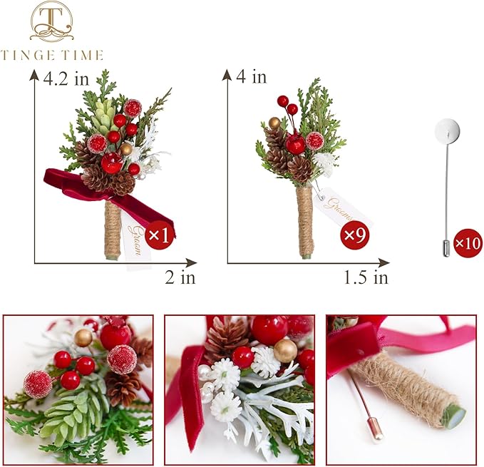 TINGE TIME Boutonniere for Men, Groom and Best Man Boutonniere for Wedding Ceremony Anniversary, Formal Dinner Party and Rustic Xmas Wedding Marriage (Christmas Red)