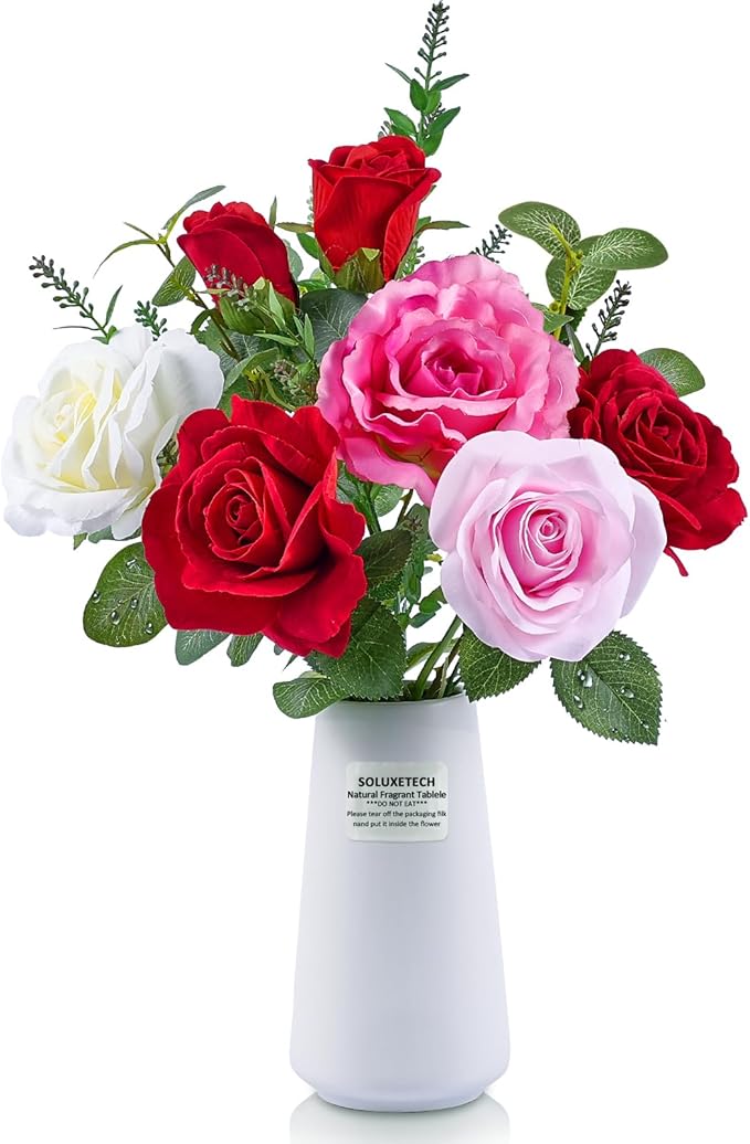 Artificial Roses with Flowers Scent Tablets with White Ceramic Basin Red White Pink Lifelike Faux Roses Fake Flowers for Wedding Party Festivals Home and Office Indoor Outdoor Decor