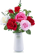 Artificial Roses with Flowers Scent Tablets with White Ceramic Basin Red White Pink Lifelike Faux Roses Fake Flowers for Wedding Party Festivals Home and Office Indoor Outdoor Decor