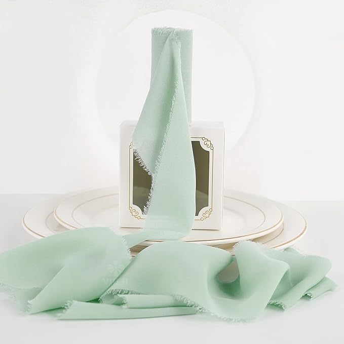 MEEDEE Mint Green Chiffon Ribbon 3 Inch Green Frayed Chiffon Silk Fringe Ribbon Wide Chiffon for Crafts, Flower Bouquet, Wedding Favors Wrapping (2 Rolls 10 Yards)
