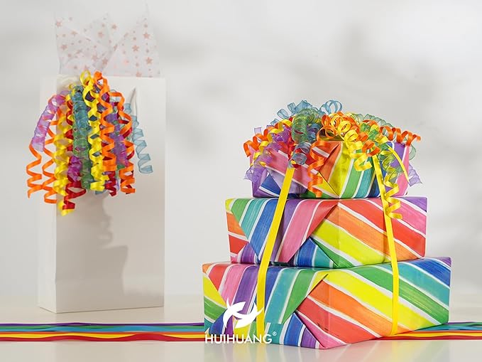 HUIHUANG Birthday Bows for Gift Wrapping 7" Rainbow Curly Gift Bows with Self Adhesive & Twist Tie Ribbon Bow for Presents Gift Basket Birthday Pride Month Party Favors - 6 Counts