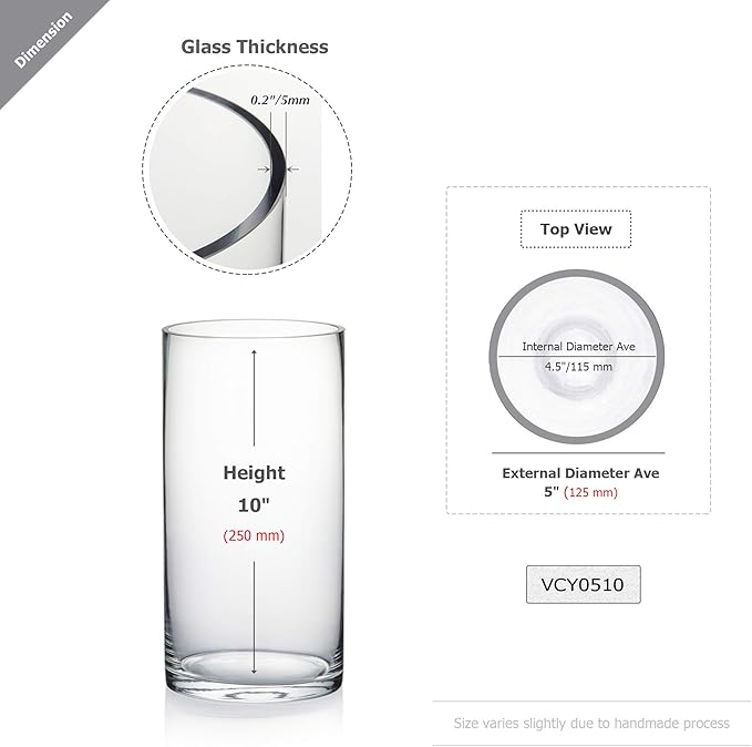 WGV Cylinder Vase Bulk, Diameter 5", Height 10", Clear Glass Floral Planter Container, Floating Candle Holder for Wedding Party Event Home Office Decor, 12 Pieces