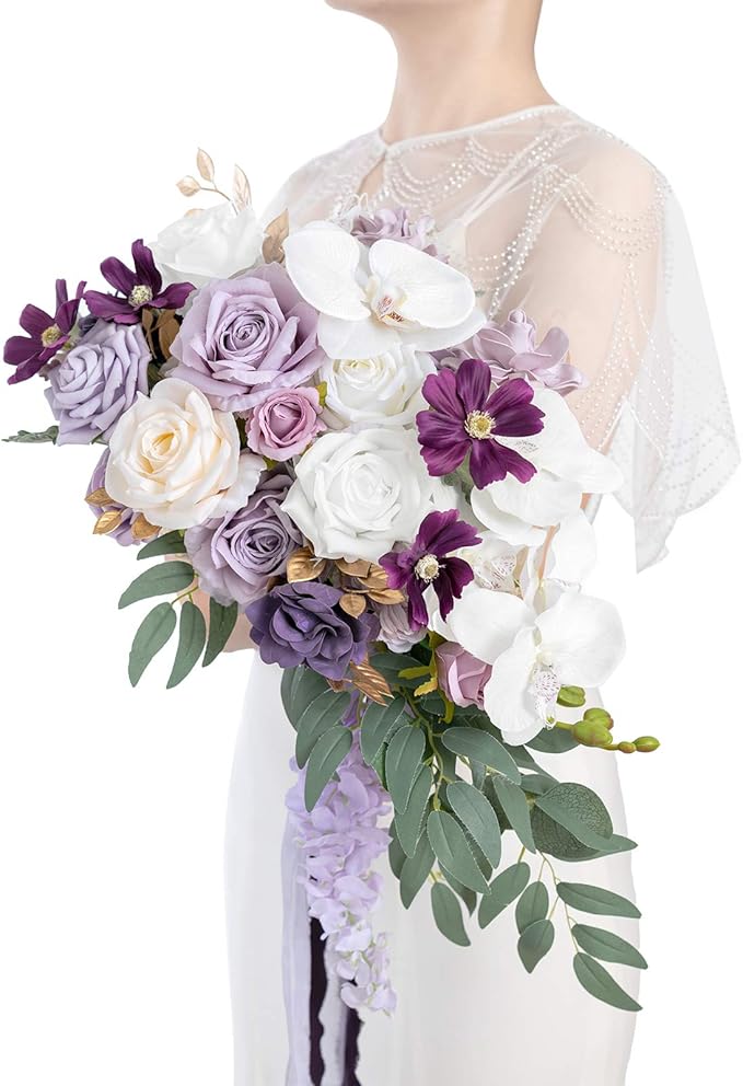 Ling's moment Purple Bridal Bouquet Cascading, Lilac Wedding Bouquets for Bride, 13 Inch Lavender Bride Artificial Flowers Bouquets