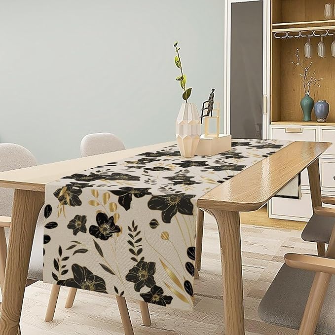Black Gold Floral Table Runner, Mordern Minimalist Luxury Golden Floral Leaves Print Table Runner for Indoor Outdoor Home Decor Party Decor, 13x60inch