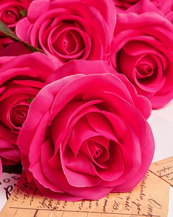 DuHouse 10pcs Silk Roses Artificial Flowers Fake Rose for Arrangement Wedding Party Home Decoration(Fuchsia)