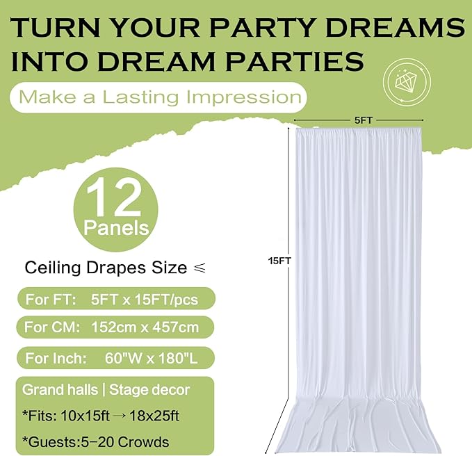 PartyVillage 60ft×15ft White Backdrop Curtain for Wedding Parties, 12 Panels Wrinkle Free 15 FT Long Polyester Photo Backdrop Drapes Back Drop Cloth for Birthday Photography Background