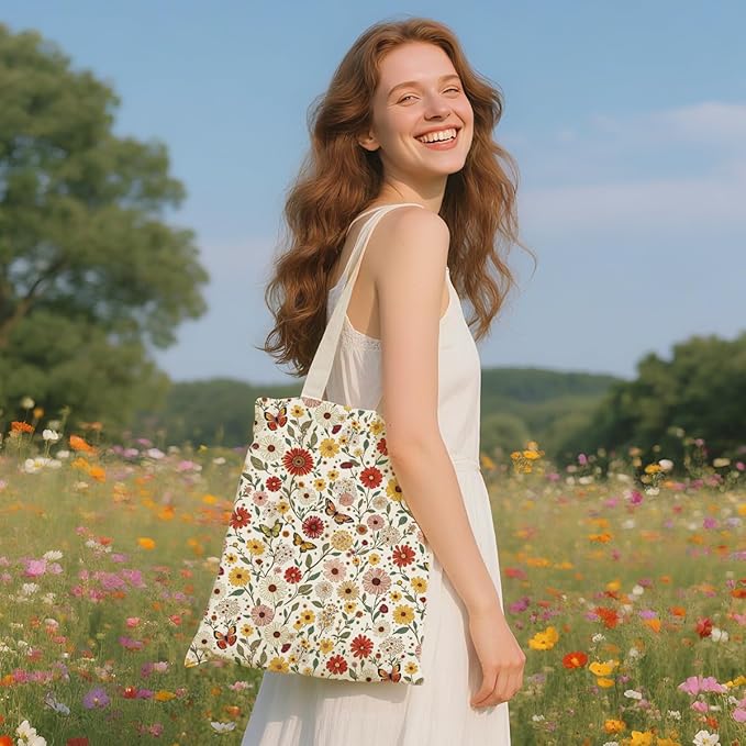 Flower Plant Lover Gifts for Women Canvas Tote Bag with Makeup Bag Cosmetic Bags Grocery Bags for Shopping Christmas