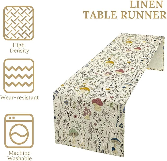 Mushroom Table Runner, Boho Floral Rustic Wildflower Herbs Plants Colorful Botanical Green Leaves Table Runner for Home Party Indoor Outdoor Decor Kitchen Dining Table, 13x108inch