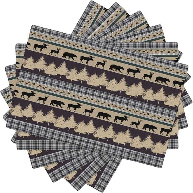 Rustic Deer Placemats Set of 6,Wild Bear Deer Paw Print Decor Kitchen Mats for Pattern Rustic Farmhouse Style Place Mats for Dining Table 12x18 Inch 6 PCS