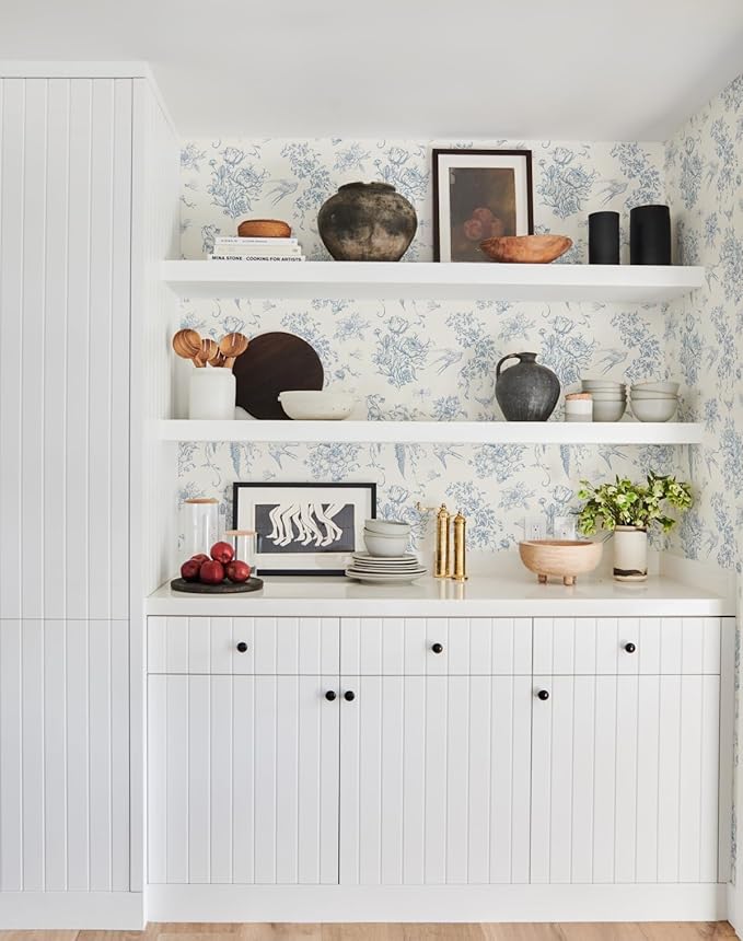 Cream White and Blue Peel and Stick Wallpaper Vintage Floral Contact Paper 16.9"x 393.7" Blue Floral Wallpaper Peel and Stick Birds Self Adhesive Removable Wall Paper for Bedroom Bathroom