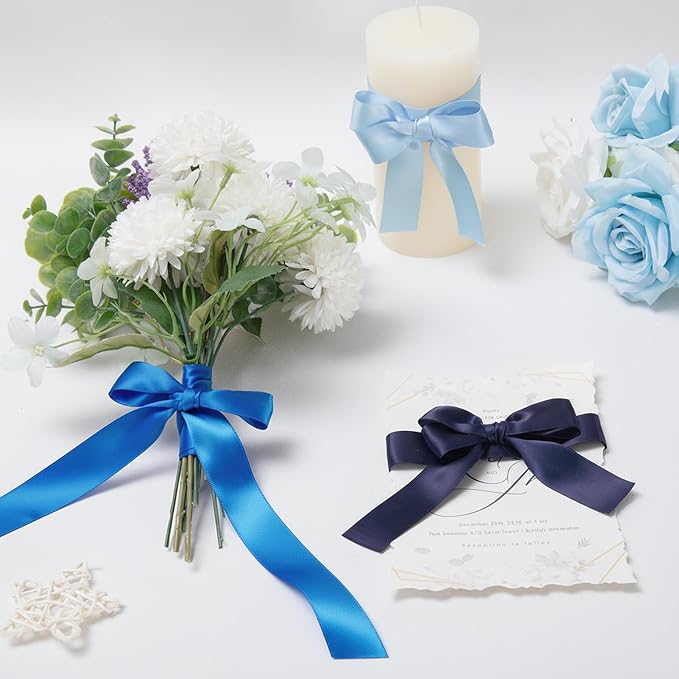 Blue Double Face Satin Ribbon 1 Inch x 45 Yards Baby Blue/Royal Blue/Navy Fabric Ribbon for Gift Wrapping, Flower Bouquets, Hair Bows Making, Wedding Decor, Invitation Cards (3 Rolls *15Yd)