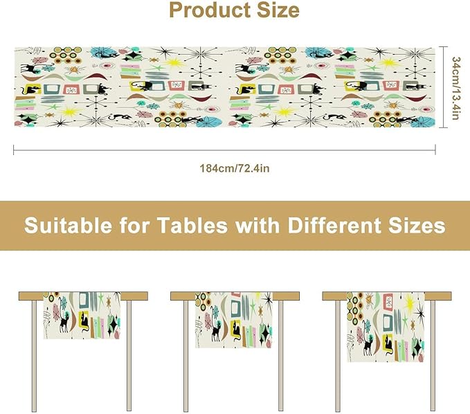 Colorful Geometric Table Runner,Vintage Mid Century Cute Cat Abstract Morden Print Tablecloth Burlap for Hotel Indoors Outdoor Dining Room Kitchen Home Decor, 13x60in