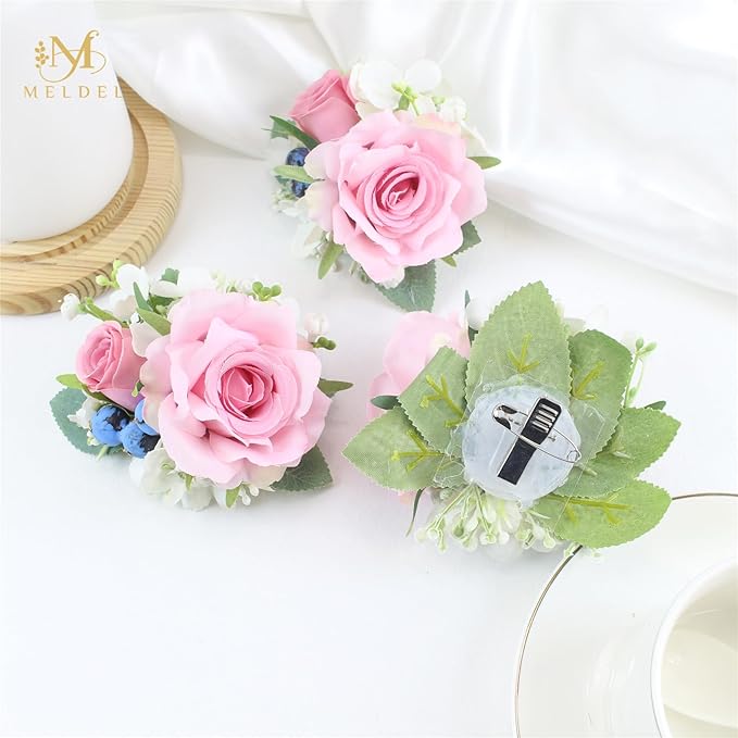 Meldel Pink Pocket Boutonniere for Men Wedding, Set of 6, Prom Corsages Flower Party Suit Decoration, Rose Corsage for Groom and Groomsman Ceremony Anniversary