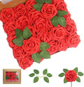 100Pcs Red Artificial Flowers Red Roses Real Looking Foam Fake Roses with Leaves and for DIY Wedding Bouquets Bridal Shower Centerpieces Party Decorations (Red, 100)
