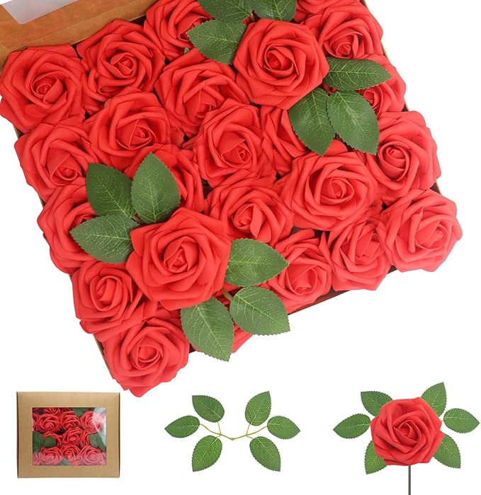100Pcs Red Artificial Flowers Red Roses Real Looking Foam Fake Roses with Leaves and for DIY Wedding Bouquets Bridal Shower Centerpieces Party Decorations (Red, 100)