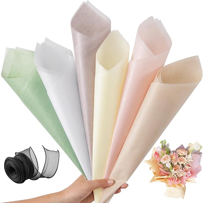 VinTS 48 Sheets 23.6x23.6in Cotton Wrapping Flower Lining Paper,Korean Style Of Waterproof Floral Bouquet Lining Paper Withdrawable Pleated Wrapping Paper Gift Packaging Paper,6 Colors