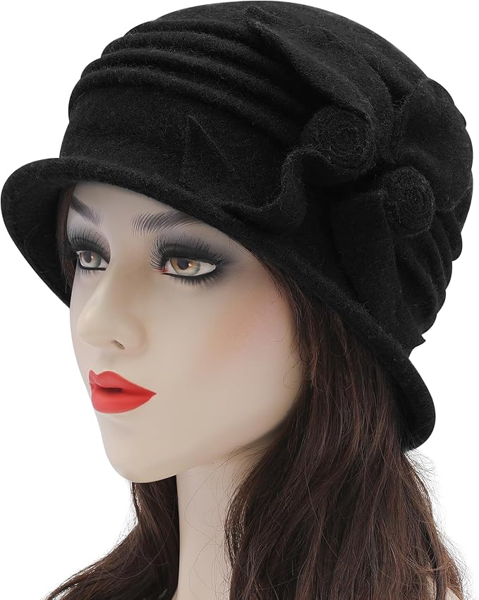 ZLYC Women Wool Cloche Bucket Hat 1920s Vintage Dress Winter Hats with Flower Accent