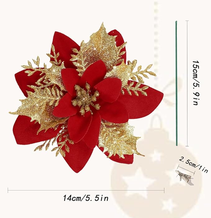 12 PCS Poinsettia Flower Artificial Red Gold Christmas Flowers Artificial 5.5'' Glitter Poinsettias Artificial Christmas Tree Flower With Clips Diy Xmas Wreath Holiday New Year Home Party Decor