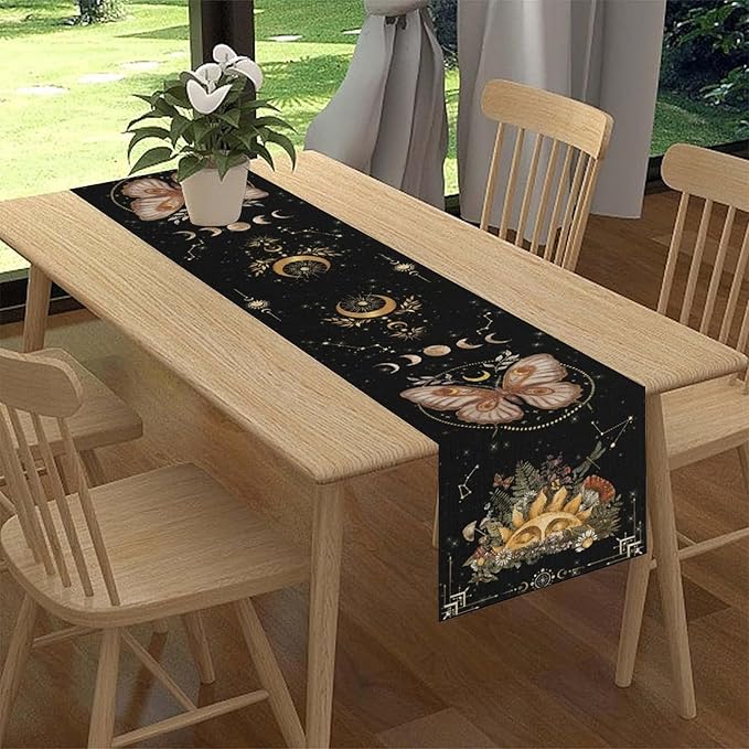 Gothic Moth Table Runner, Boho Gothic Sun Moon Phase Wildflower Mystical Witchy Farmhouse Coffee Table Center Decor for Home Kitchen Dining Patio Holiday Party Table Decorations 13x72 inches