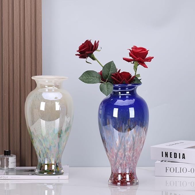 11.8" Tall Blue Glass Vase Beautiful Hand Blown Glass Vase Modern Art Home Decor, Wide Mouth Colorful Vases for Mantle Dining Table Centerpiece, Entryway Living Room Wedding Decoration