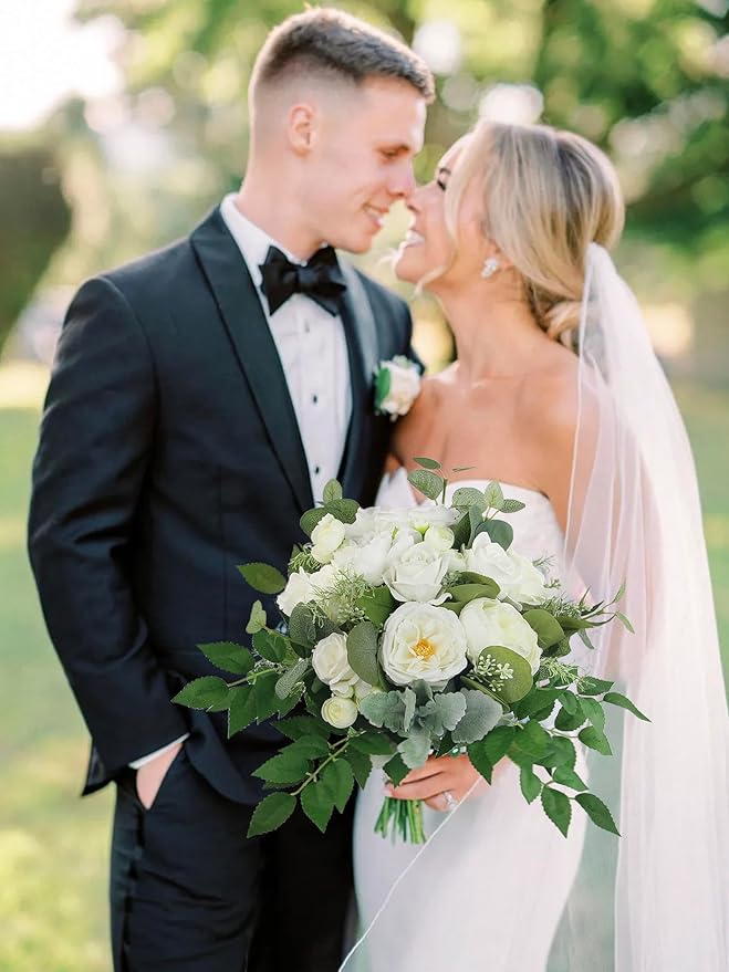 Rinlong Wedding Bouquets for Bride White Green Bridal Bouquet for Wedding Artificial Flowers Silk Bouquet White Lush Green