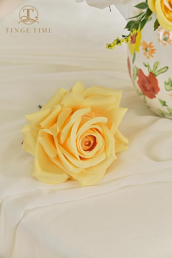 TINGE TIME Artificial Flowers Combo Mix Silk Flowers Yellow Roses w/stem for DIY Wedding Bridal Bouquets Baby Shower Floral Arrangement Table Centerpieces Home Decorations (Yellow & Champange)